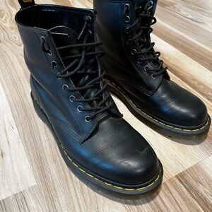 Dr. Martens Black Leather Lace-Up Boots with Yellow Stitching